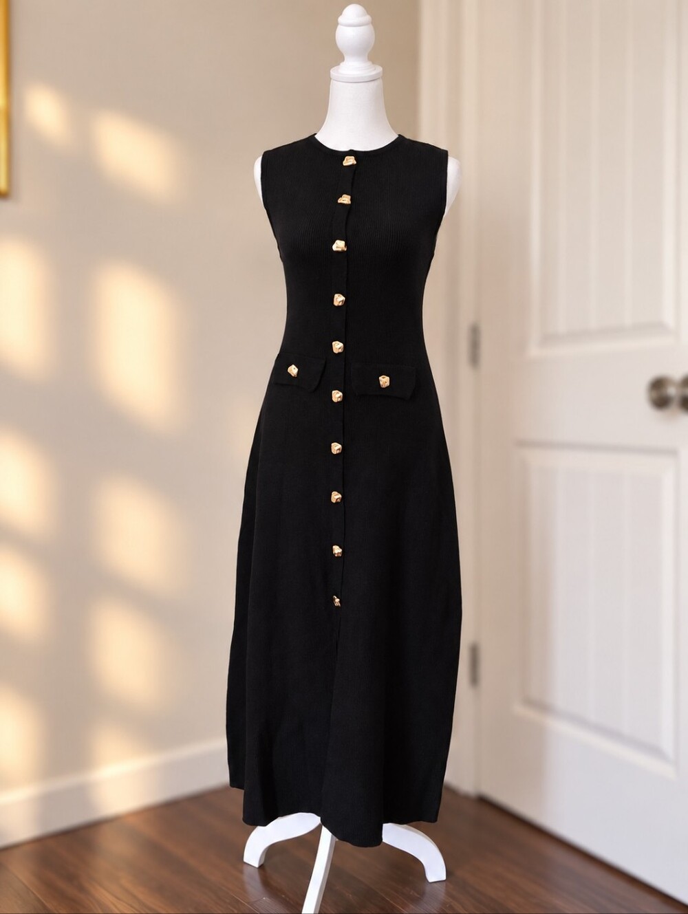 Petal & Pup Black Knit Midi Dress Gold Buttons